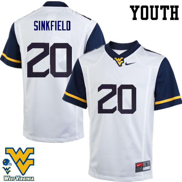 NCAA Youth Alec Sinkfield West Virginia Mountaineers White #20 Nike Stitched Football College Authentic Jersey GL23B88CG